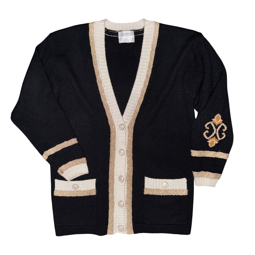 Vintage 90s Black Metallic Trim Cardigan Sweater Preppy Academia Old Money